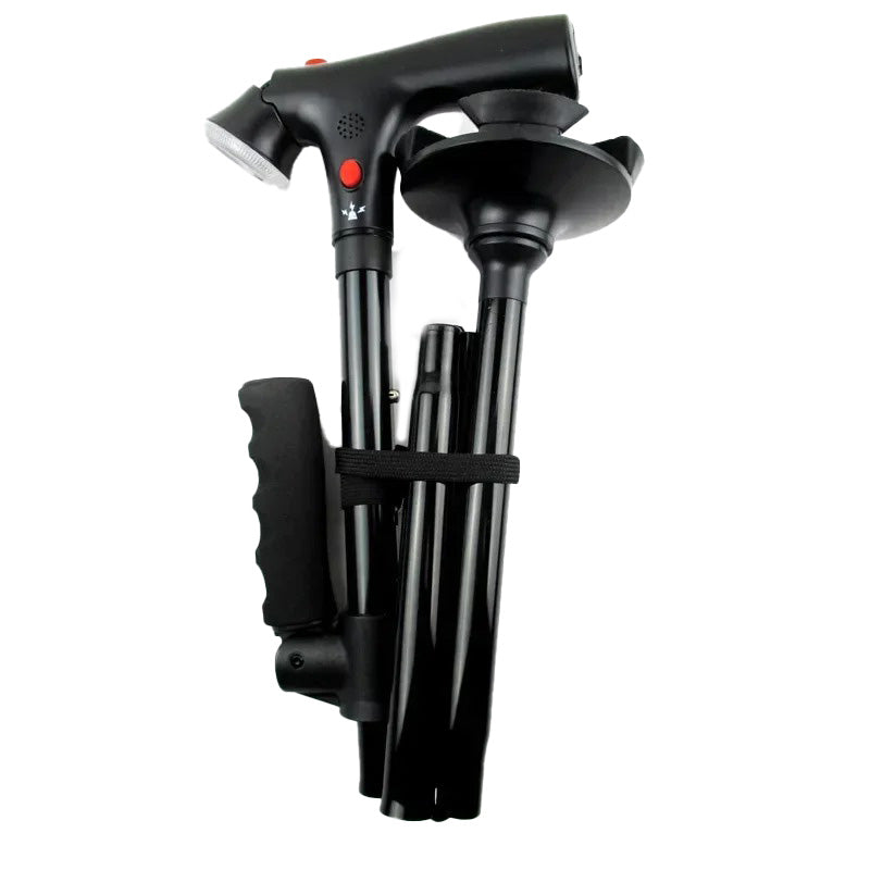 Rehabilitation support folding cane with ergonomic dual handles, bright LED light & loud emergency alarm for safety.