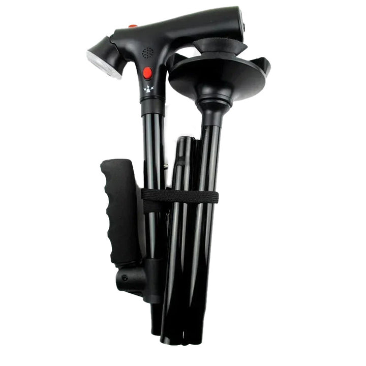 Rehabilitation support folding cane with ergonomic dual handles, bright LED light & loud emergency alarm for safety.