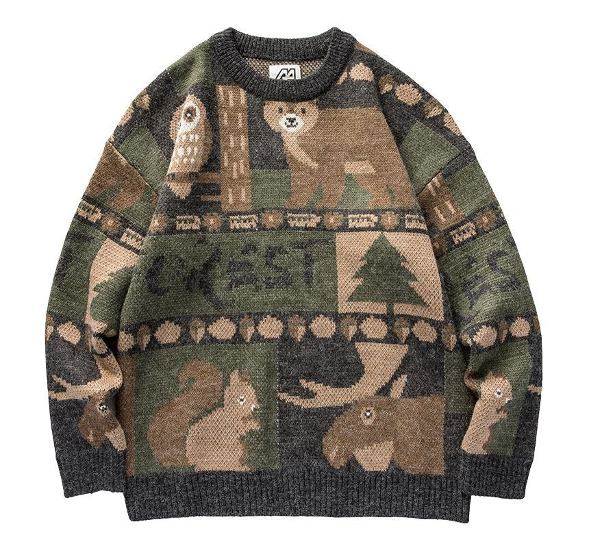 Unisex Forest Friends vintage cozy sweater, round neck, long sleeve pullover. Ideal casual clothing for comfort.