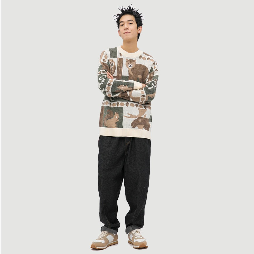 Warm unisex vintage Forest Friends sweater. Long sleeve, round neck, animal print pullover for cozy casual wear.