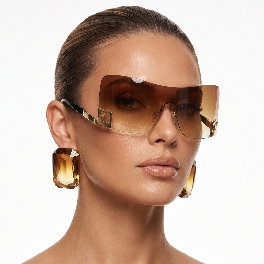 Fashionable unisex frameless futuristic sunglasses, sleek metal frame, UV400 lenses for outdoor style.