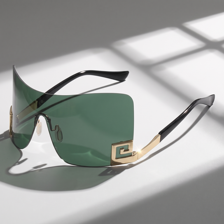 Close-up of unisex frameless futuristic sunglasses. Showing sleek design & UV400 lenses, a futuristic fashion statement.