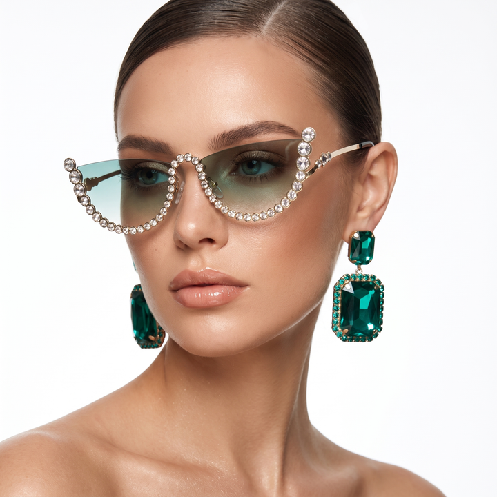 Green lens frameless oval sunglasses, perfect for outdoor activities & UV400 eye protection.