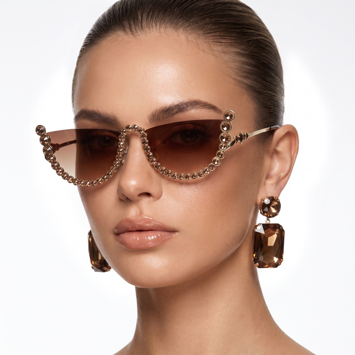 Trendy tea tint frameless oval sunglasses, unisex design for travel & UV400 sun protection.