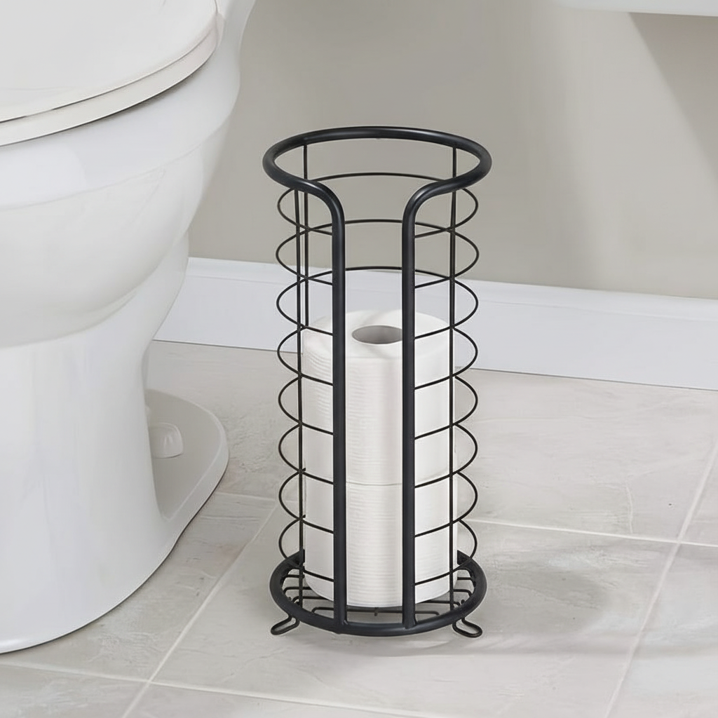 Unisex freestanding toilet paper holder in brushed stainless steel, modern bathroom accessory with sturdy base.