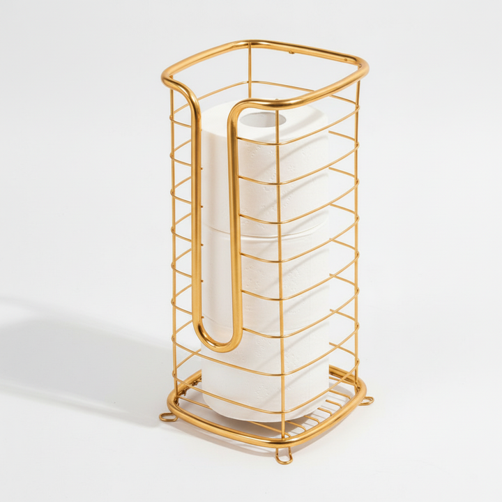 Convenient freestanding toilet paper holder made of stainless steel, offering practical and stylish bathroom accessory.