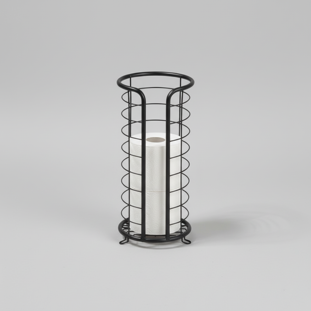 Freestanding stainless steel toilet paper holder, 'PaperNest' design, for modern bathroom organization and storage.