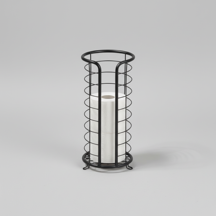 Freestanding stainless steel toilet paper holder, 'PaperNest' design, for modern bathroom organization and storage.