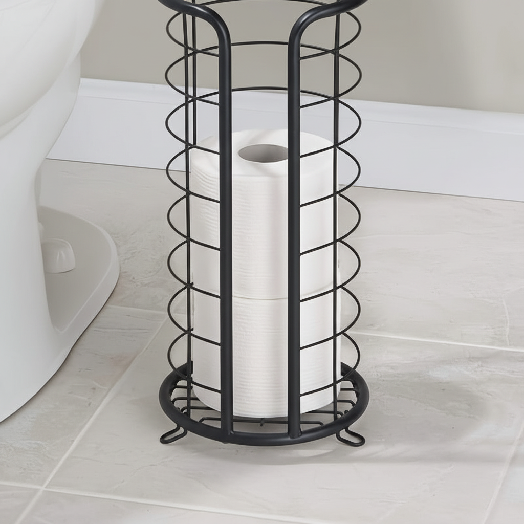 Durable freestanding toilet paper holder, stainless steel, perfect for space-saving bathroom decor and paper storage.