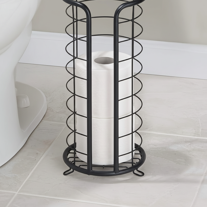 Durable freestanding toilet paper holder, stainless steel, perfect for space-saving bathroom decor and paper storage.