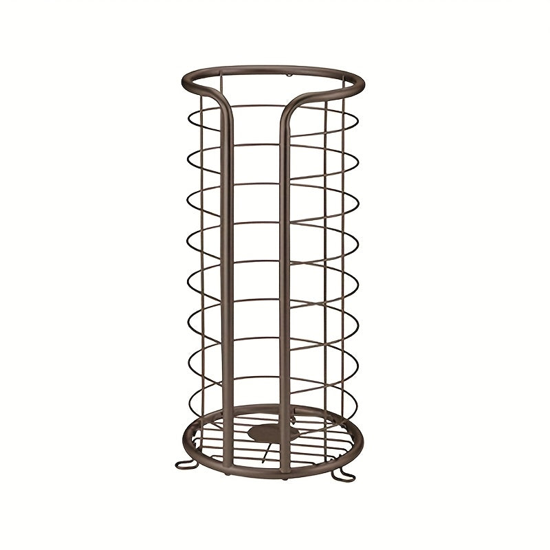 Contemporary freestanding toilet paper holder, stainless steel, enhancing bathroom with a space-saving design.