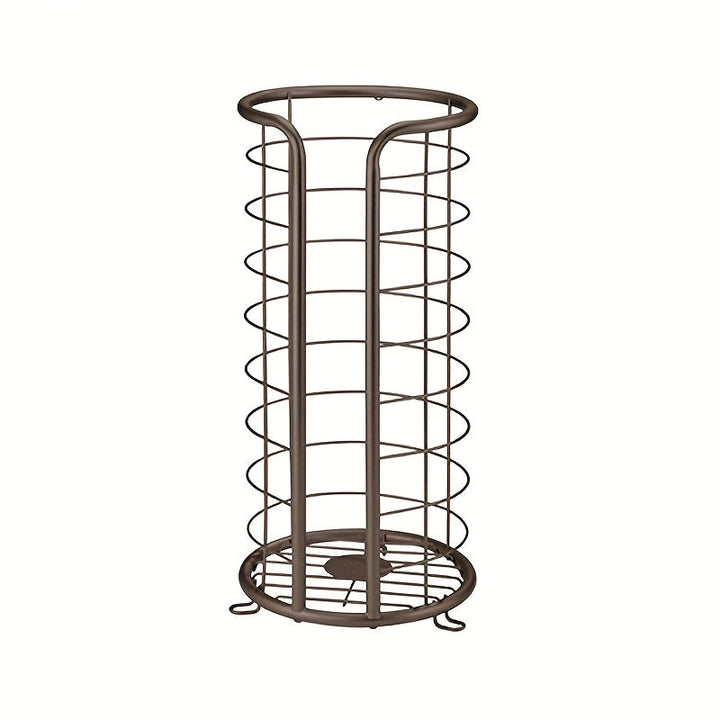 Contemporary freestanding toilet paper holder, stainless steel, enhancing bathroom with a space-saving design.