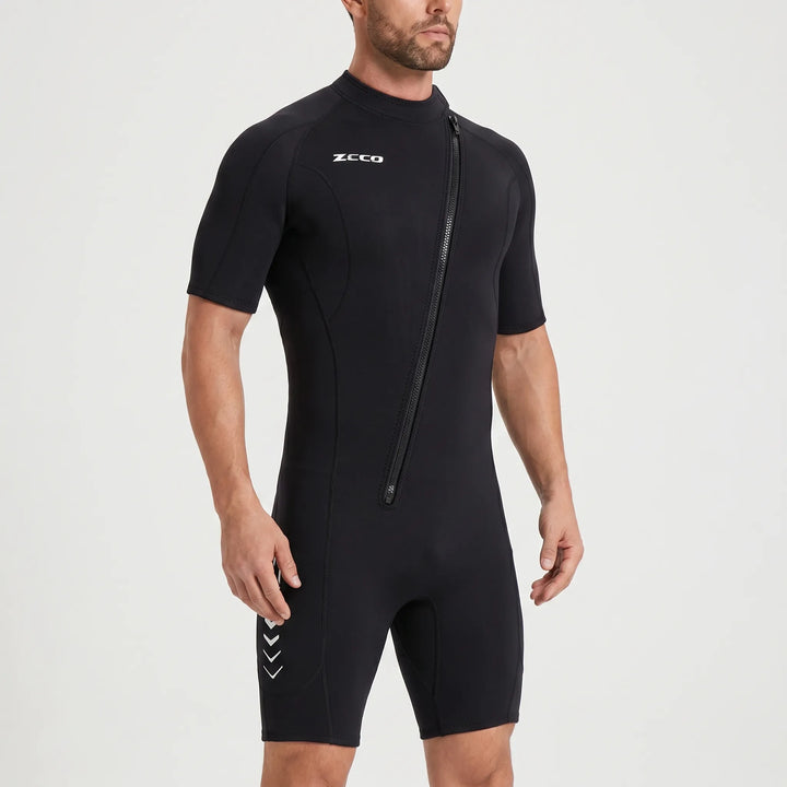 Unisex shorty wetsuit with front zip, designed for freedom of movement during surfing, swimming, and diving.