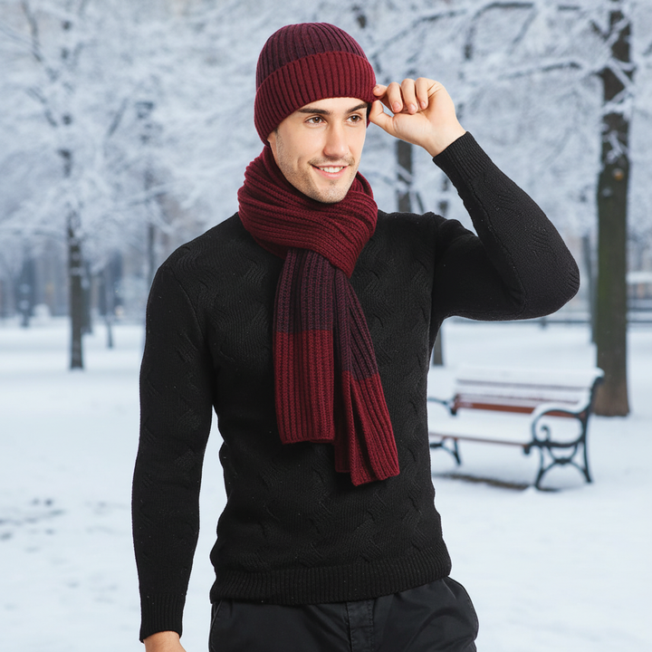 Unisex Frostique knitted wool blend winter hat, scarf, and gloves set in gray, ideal for cold weather.