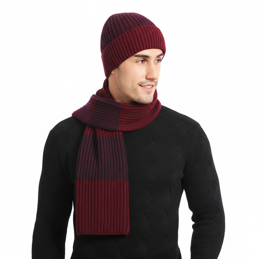 Three-piece unisex knitted wool yarn set with a warm hat, cozy scarf, and gloves for winter comfort.