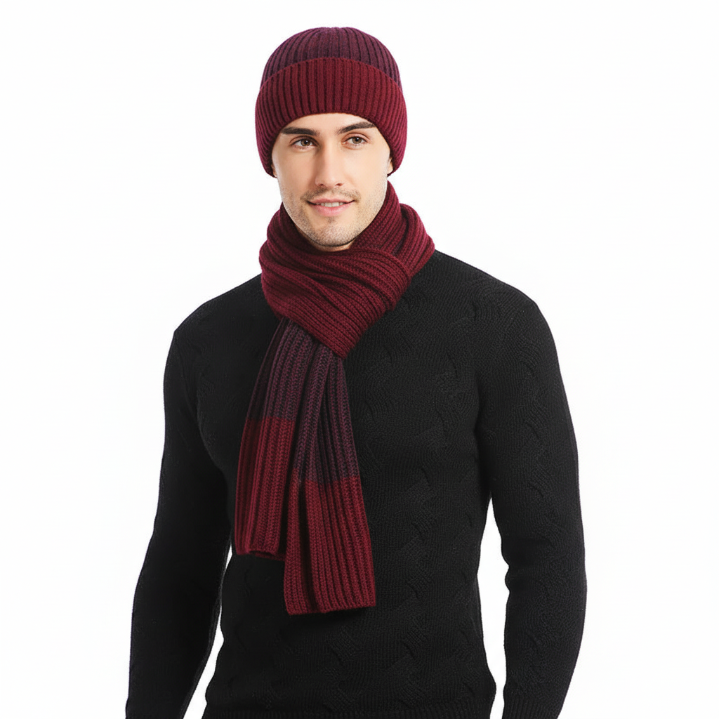 Detail of a plush knitted unisex winter scarf from the Frostique set, showcasing its warm wool blend texture.