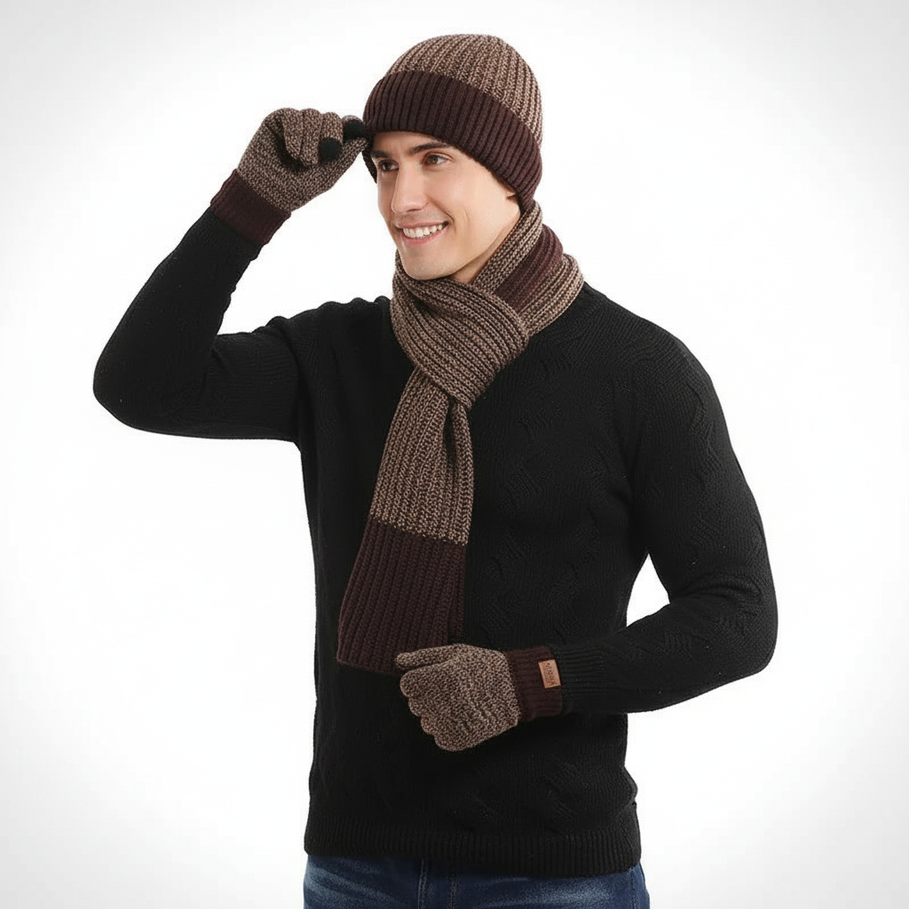 Stylish Frostique unisex knitted winter hat, scarf, and gloves set, essential for cold weather fashion.