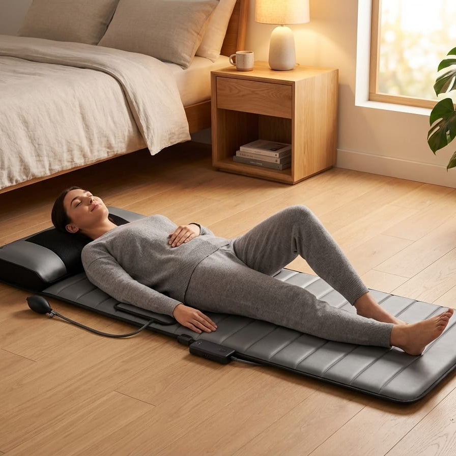 Full body shiatsu massage mat with adjustable electric massage nodes & therapeutic heat for stress relief. Portable.