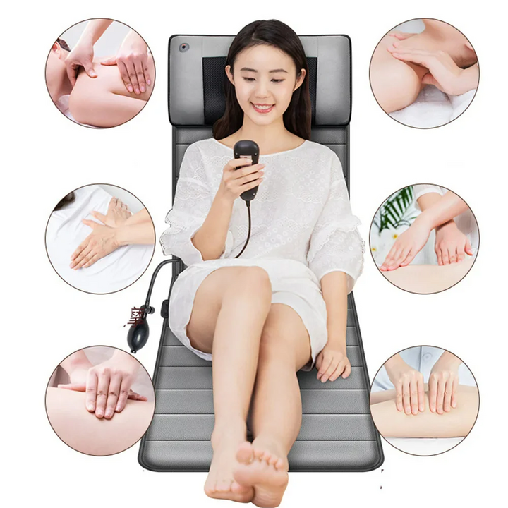 Therapeutic full body shiatsu massage mat with integrated heating pad for ultimate muscle tension & stress relief.