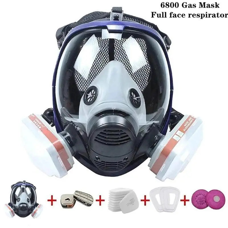 Full face industrial respirator mask featuring clear anti-fog lens