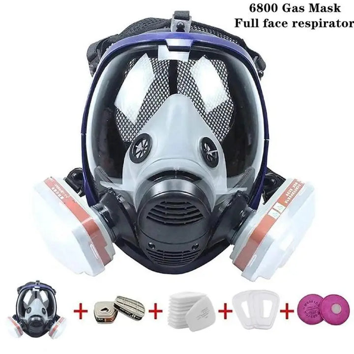 Full face industrial respirator mask featuring clear anti-fog lens