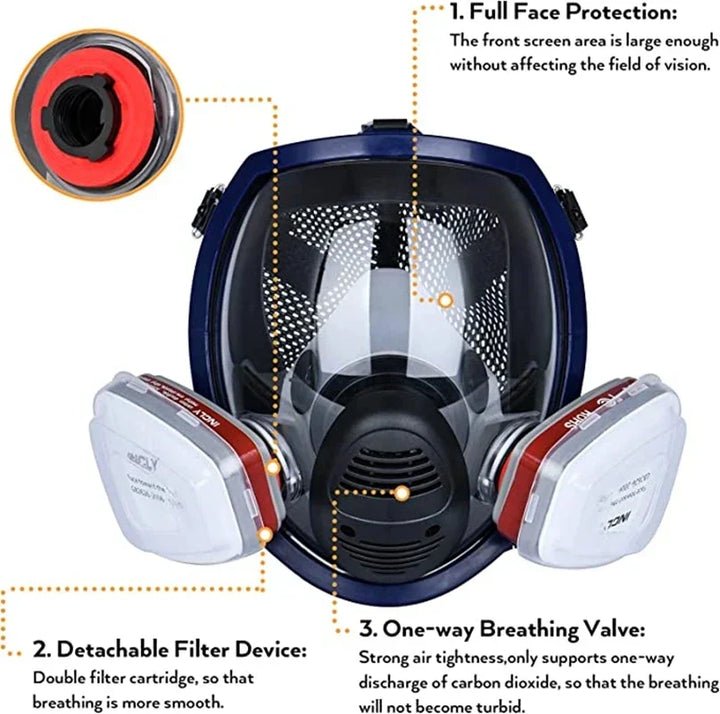 Chemical protection full face mask with anti-fog lens and gas filters