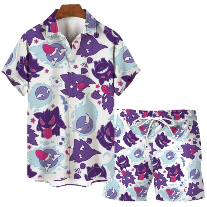 Unisex Gengar & Snorlax summer lounge set, purple t-shirt & shorts for comfortable sleepwear