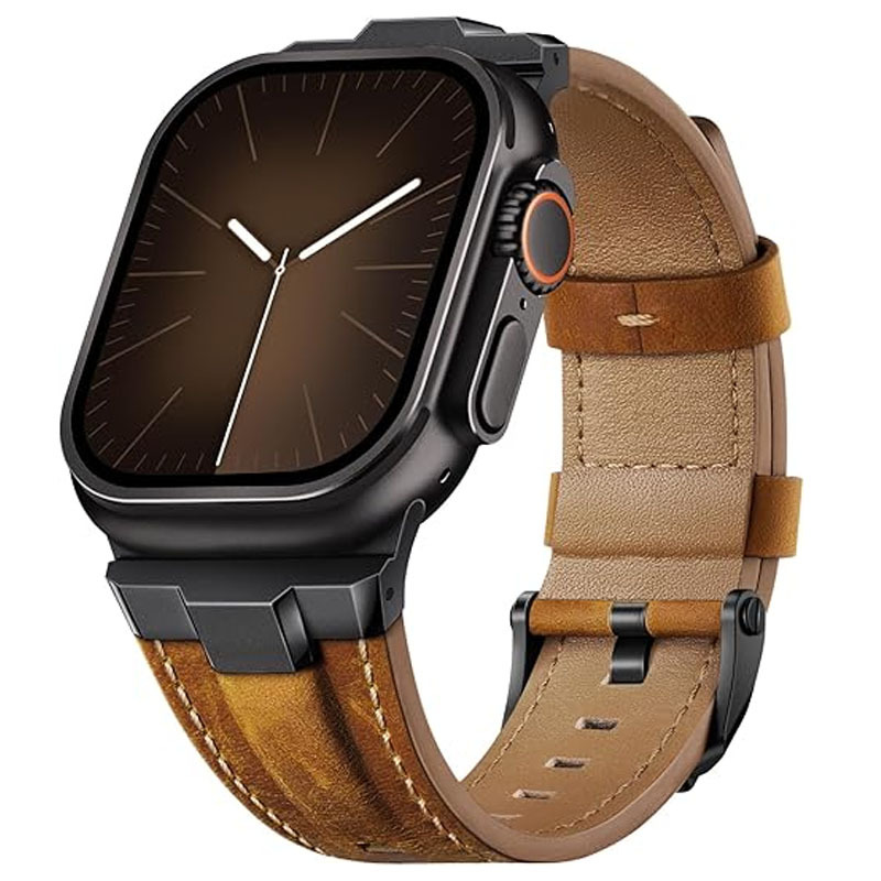 Unisex genuine leather smartwatch band with quick-release and durable titanium buckle. Comfortable & stylish accessory.