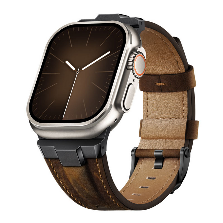 Stylish dark brown genuine leather smartwatch strap for men & women. Features quick-release & durable titanium buckle.
