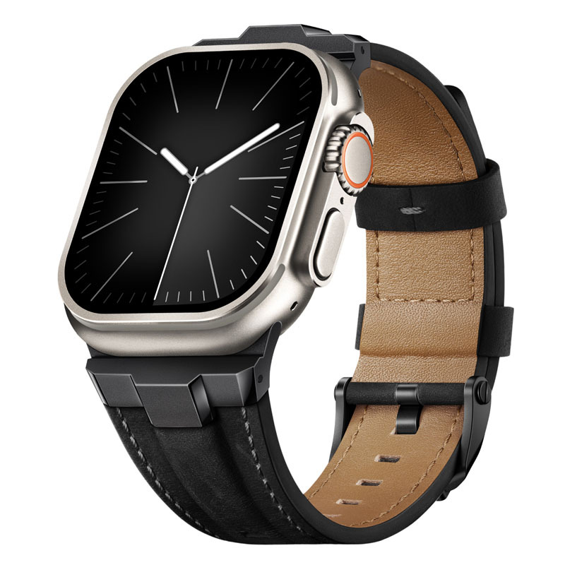 Black genuine leather smartwatch band for comfortable, everyday wear. Features quick-release pins & durable titanium buckle.