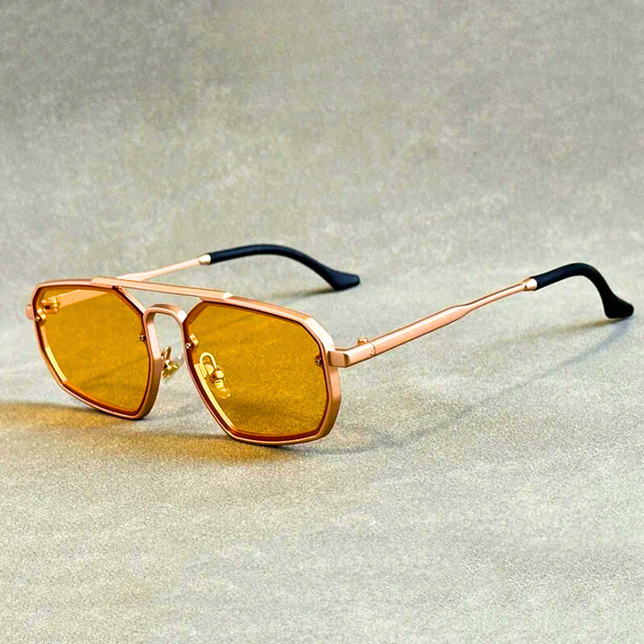 Unisex geometric aviator sunglasses with UV protection, stylish modern metal frame & dark lenses.