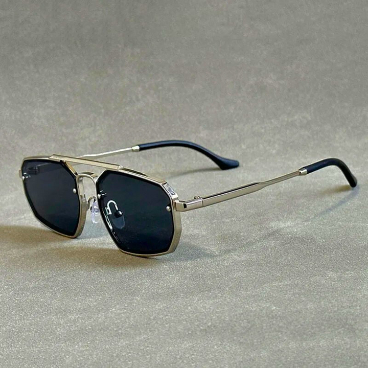 Stylish unisex geometric aviator sunglasses with a unique metal frame, dark lenses, and essential UV protection.