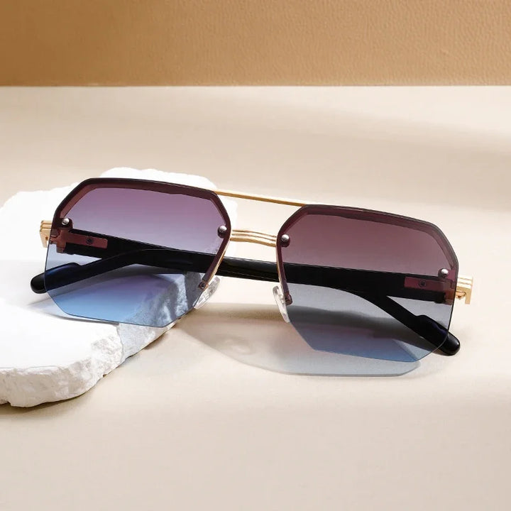 Fashionable unisex geometric rimless sunglasses, gradient lenses, sleek metal frame.