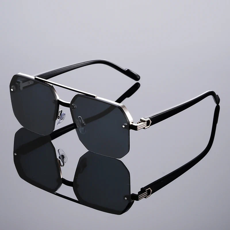 Modern geometric rimless shades offering UV protection; perfect for a trendy unisex look.