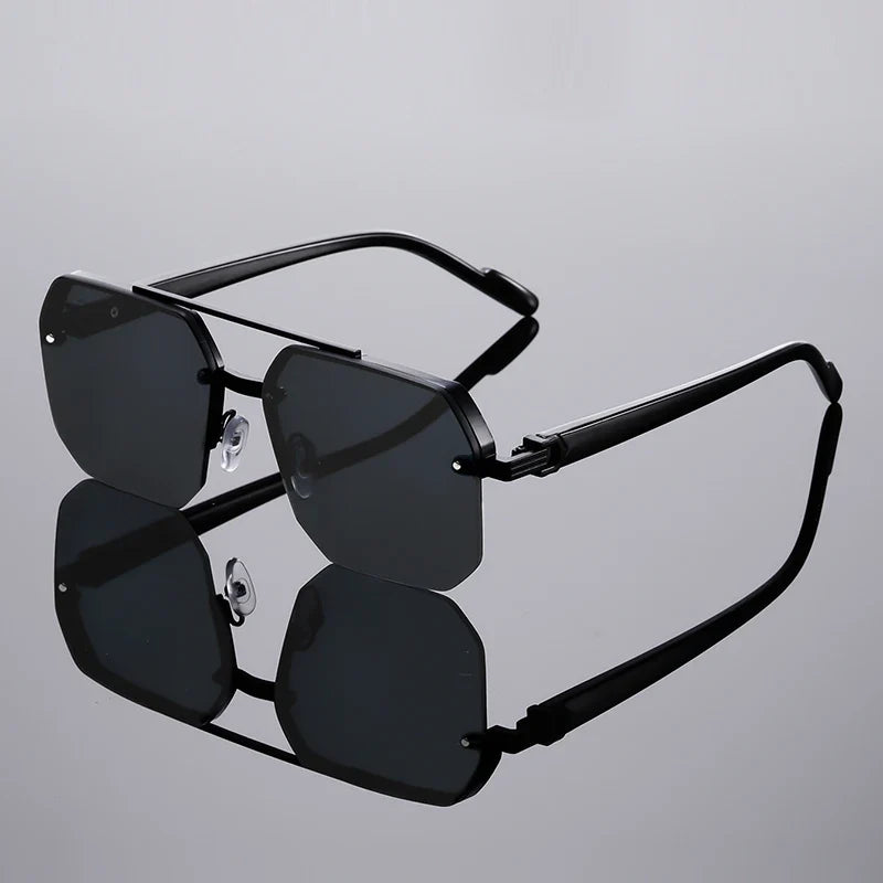 Unisex fashion eyewear: geometric rimless sunglasses with UV protection, suitable for any face.