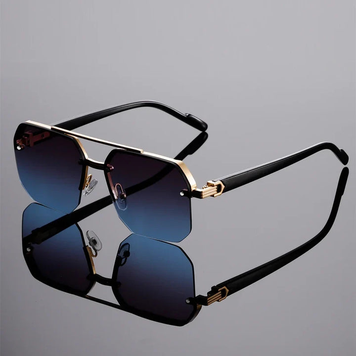 Gradient geometric rimless sunglasses, chic metal frame, essential UV protection for outdoor style.