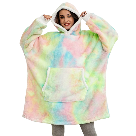Wearable blanket hoodie, unisex comfort, cozy and warm with practical pockets.