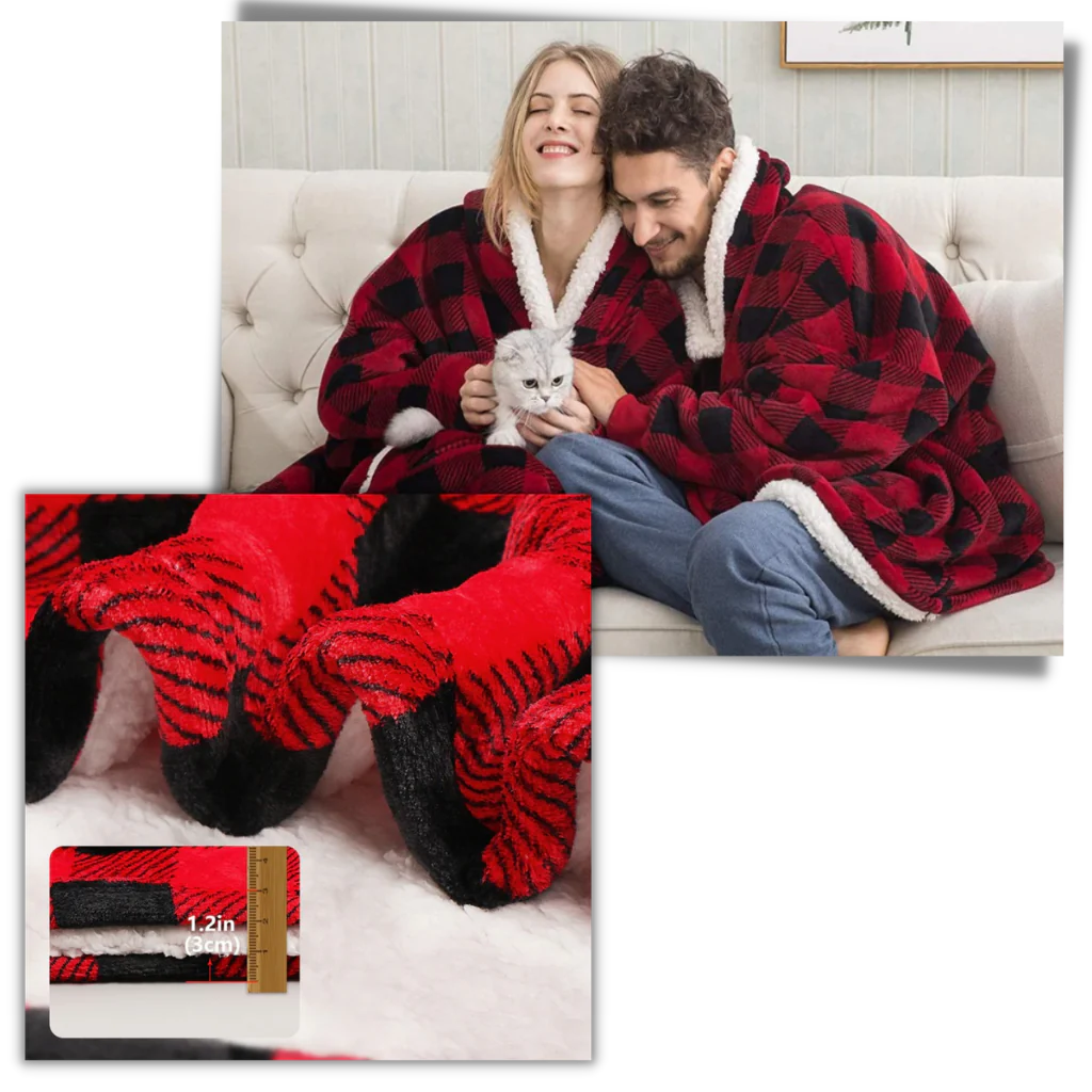 Warm wearable blanket hoodie, unisex loungewear, soft comfort, one size fits most.