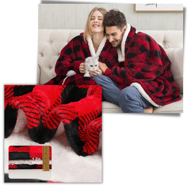 Warm wearable blanket hoodie, unisex loungewear, soft comfort, one size fits most.