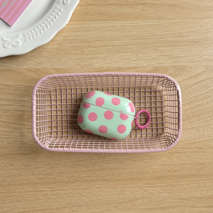 Glossy polka dot AirPods case with a ring. Protective & stylish wireless earbuds cover, a unisex accessory.