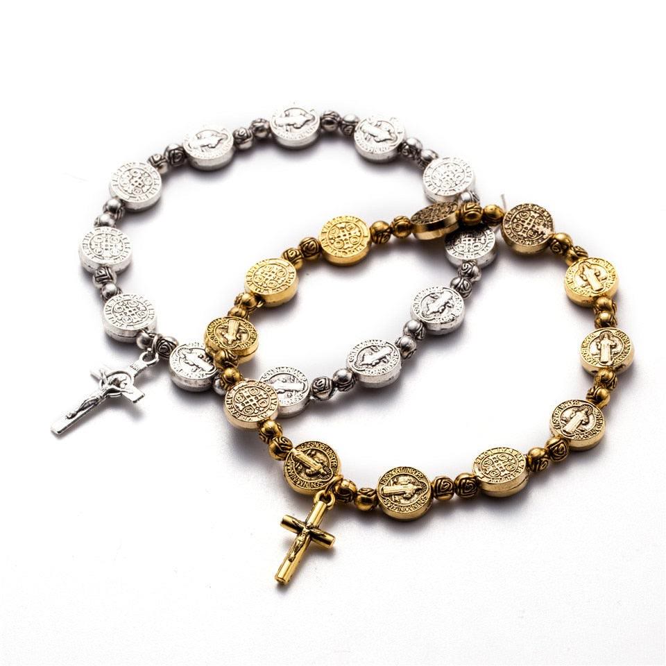 Unisex gold & silver tone Christian cross bracelet, a stylish faith symbol for daily wear.