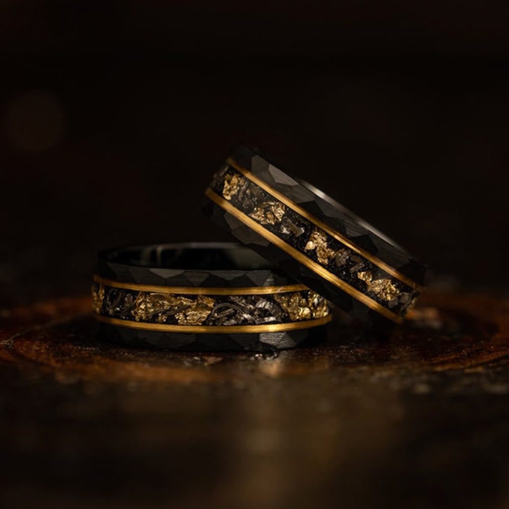 Unisex Golden Leaf Black Meteorite Tungsten Ring; durable celestial men's & women's unique jewelry.