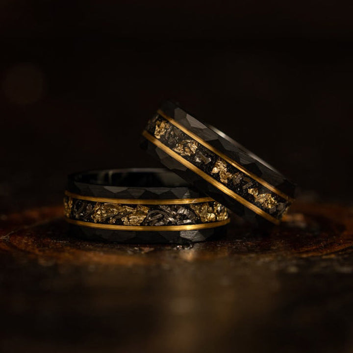 Unisex Golden Leaf Black Meteorite Tungsten Ring; durable celestial men's & women's unique jewelry.