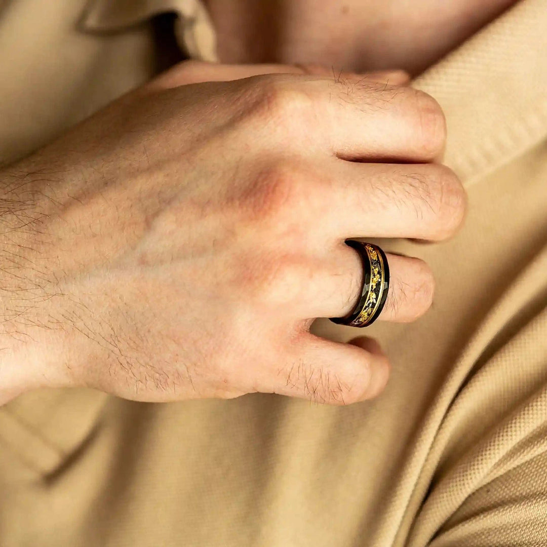 Close-up of Golden Leaf Black Meteorite Tungsten Ring, showcasing unique leaf inlay detail.