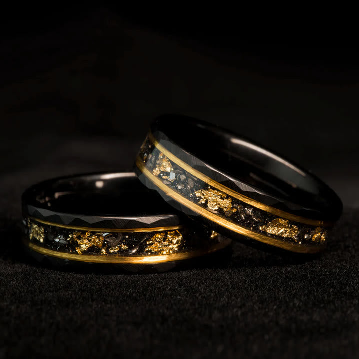 Durable tungsten ring featuring a stunning black meteorite inlay and unique golden leaf design.