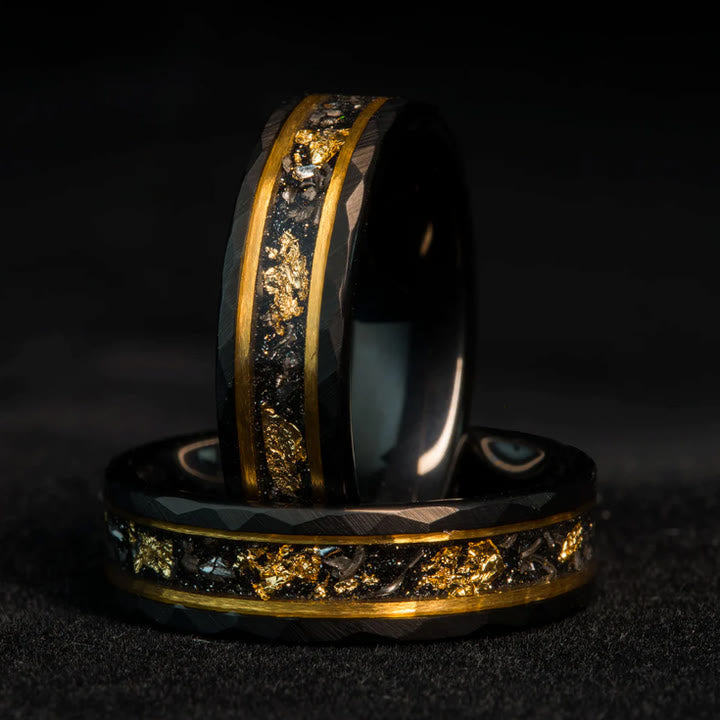 Men's Golden Leaf Black Meteorite Tungsten Ring; unique black gold celestial style jewelry.