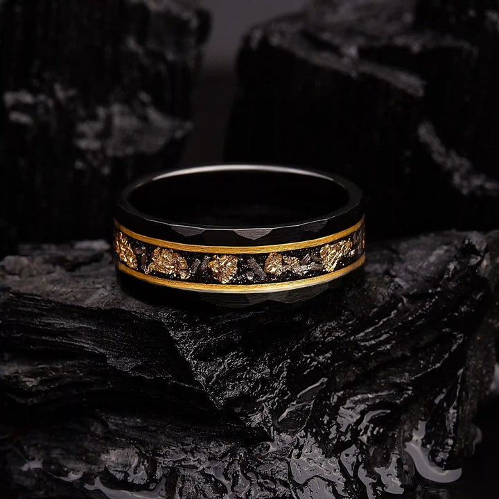 Celestial Golden Leaf Black Meteorite Tungsten Ring, a unique durable unisex band.