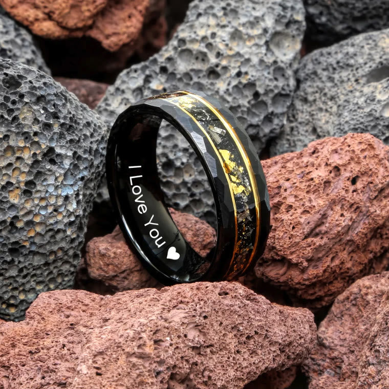 Unique Golden Leaf Black Meteorite Tungsten Ring, perfect for engagement or everyday wear.