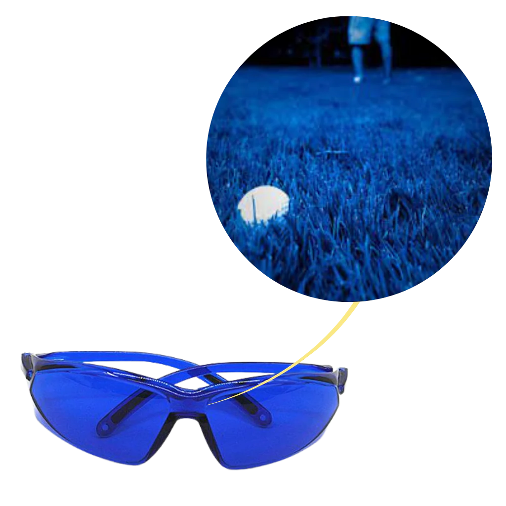 Golfer wearing golf ball finder glasses, spotting a lost ball easily. Sports glasses with UV protection for outdoor play.