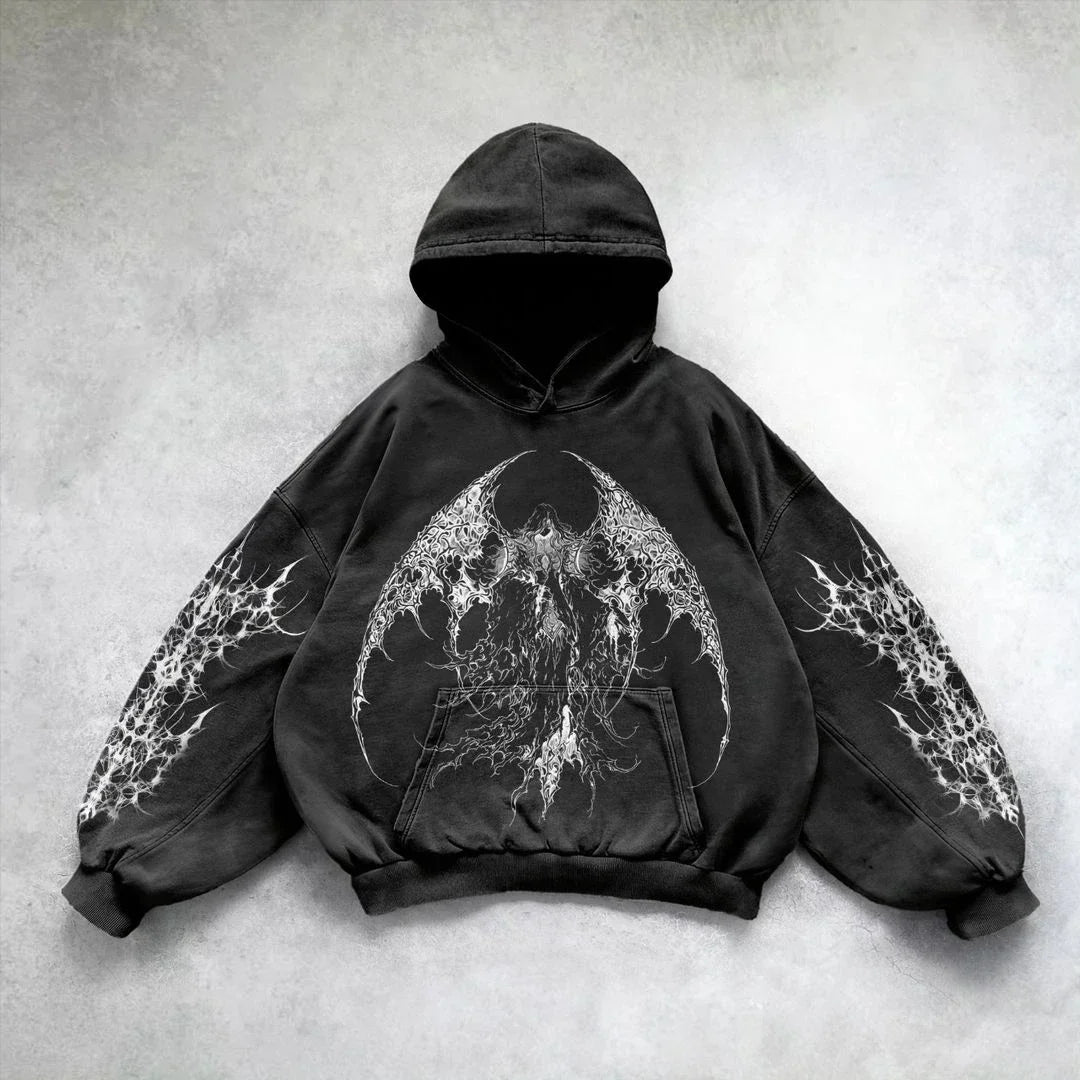 Unisex gravure washed hoodie in vintage style. Comfortable pullover with a relaxed fit, perfect for casual streetwear.